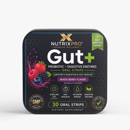 NutrixPro Gut+ Digestive Support Oral Strips in mixed berry flavor