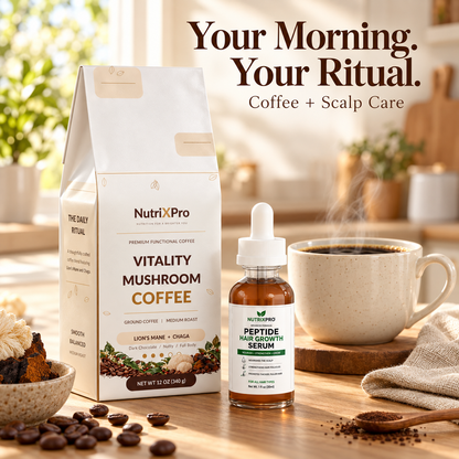 Your Morning. Your Ritual. Vitality Mushroom Coffee and Peptide Hair Serum with a cup of coffee