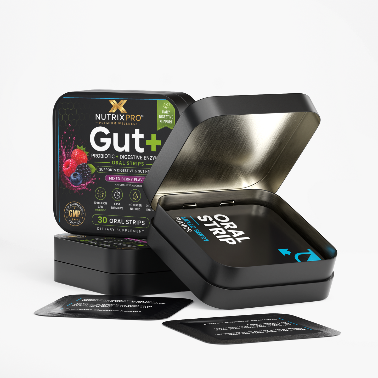NutrixPro Gut+ Digestive Support Oral Strips – Mixed Berry Flavor