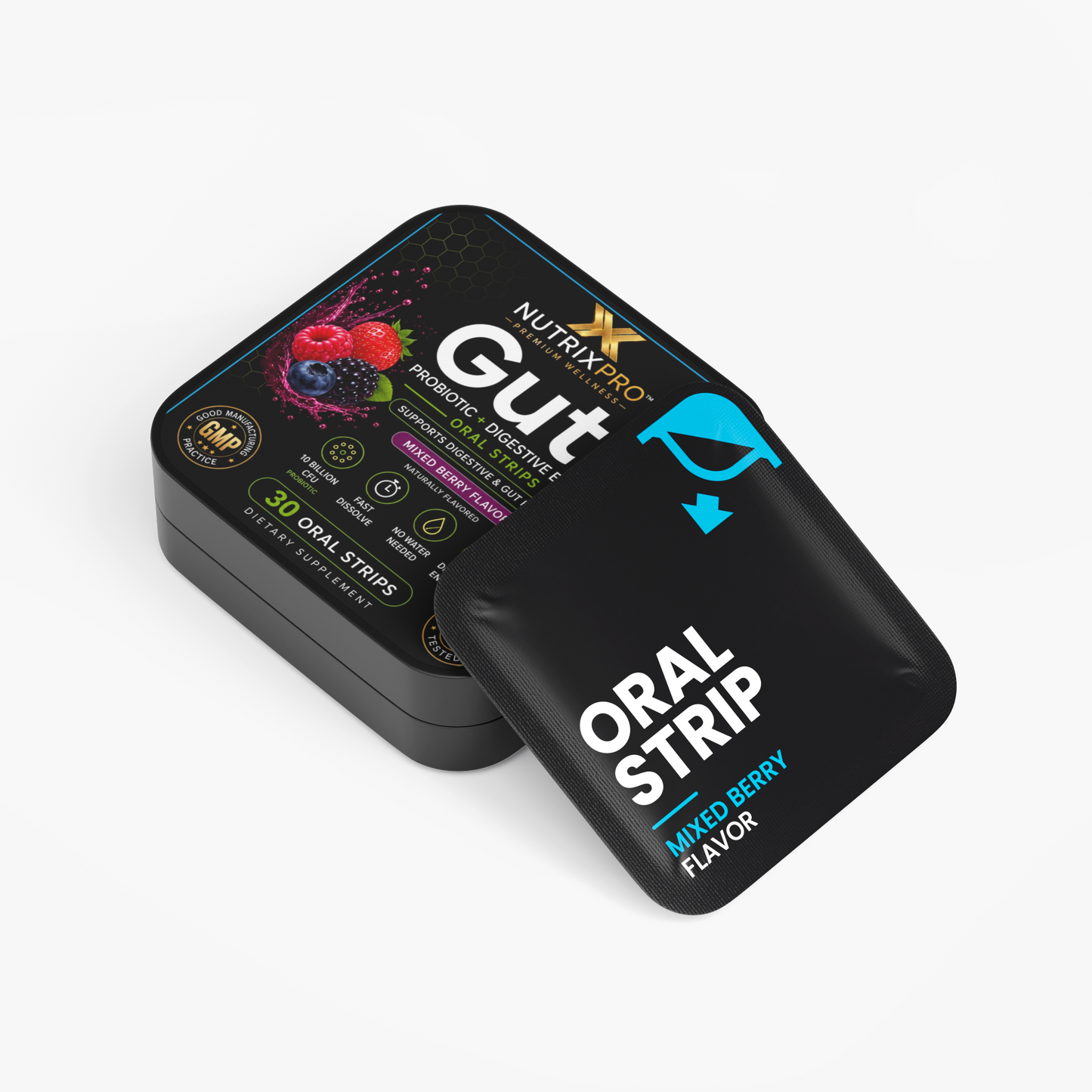NutrixPro Gut+ Digestive Support Oral Strips – Mixed Berry Flavor