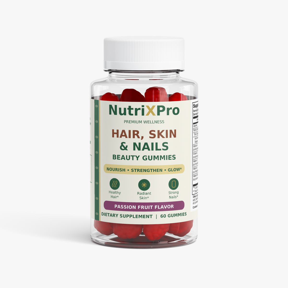 Hair, Skin & Nails Gummies – Biotin & Collagen Beauty Support, Passion Fruit, 60 Count – NutrixPro
