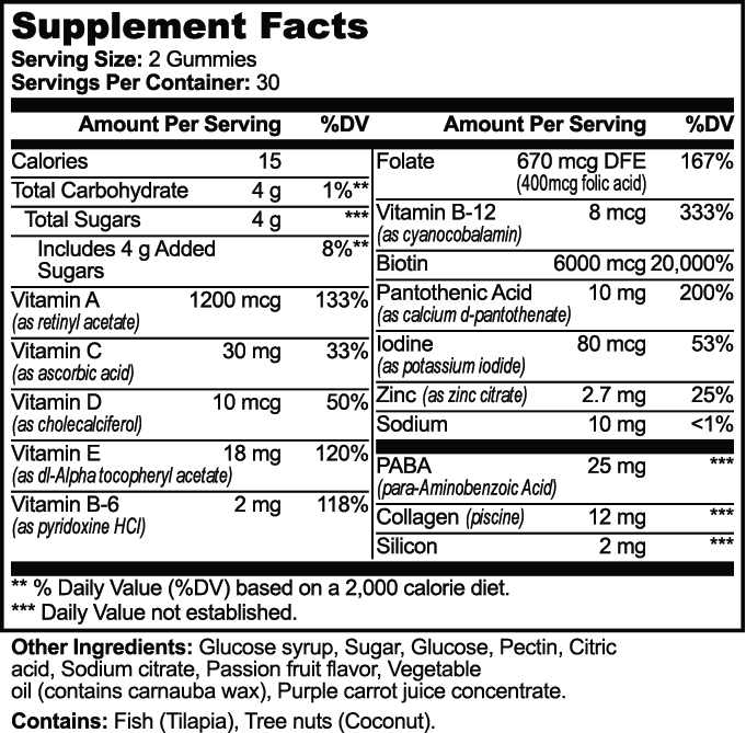 Hair, Skin & Nails Gummies – Biotin & Collagen Beauty Support, Passion Fruit, 60 Count – NutrixPro