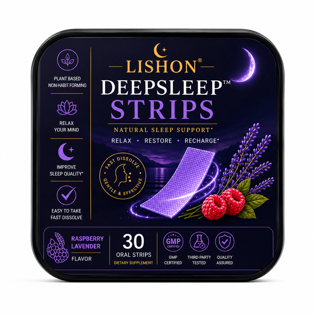 LISHON DeepSleep oral sleep strips tin, raspberry lavender flavor