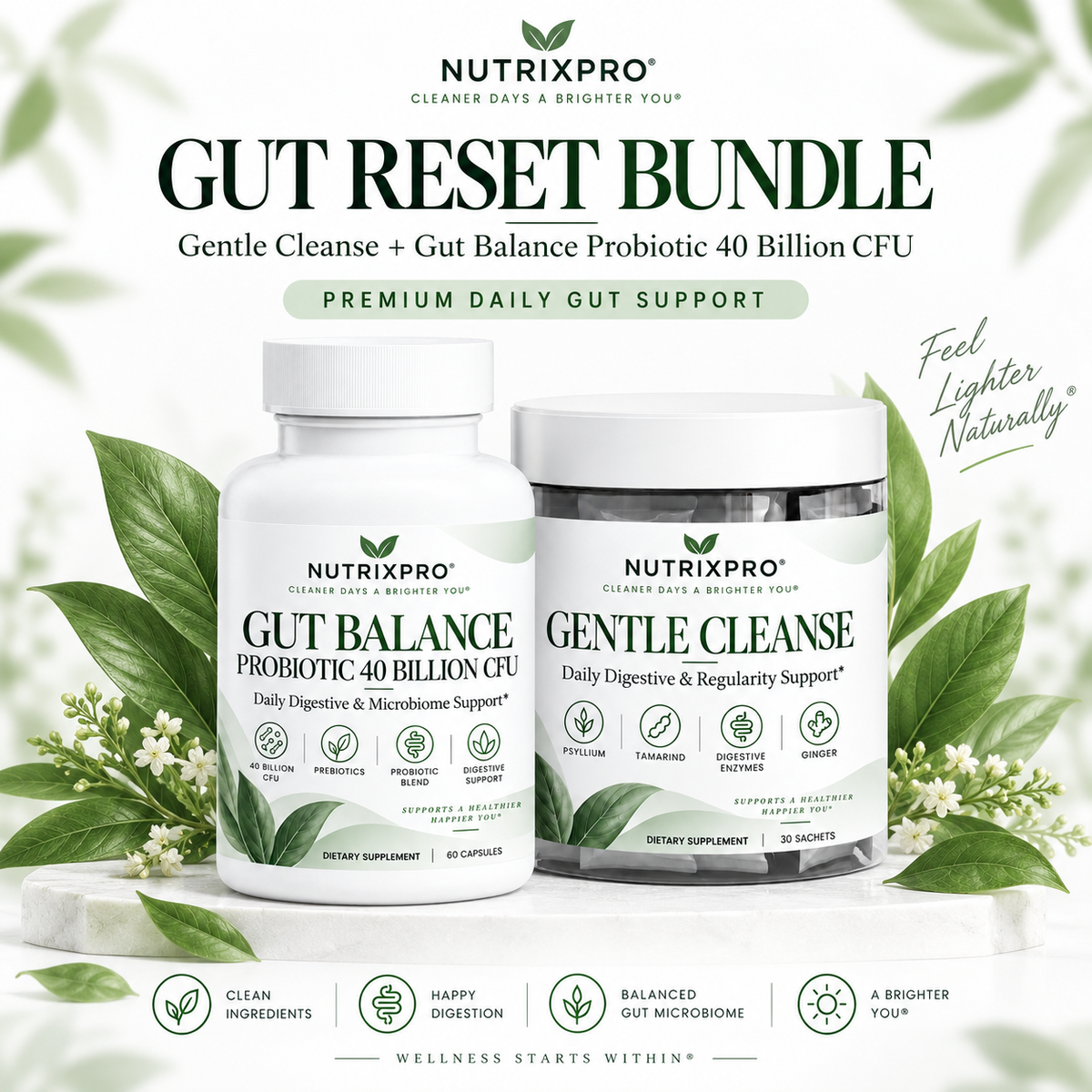 NutrixPro Gut Reset Bundle with Gentle Cleanse and Gut Balance 40 Billion CFU